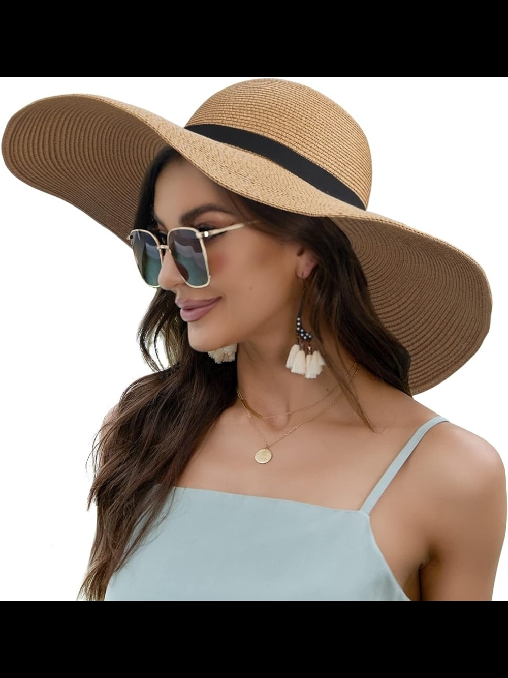 Wide Brim Straw Sun Hat with Black Band - Brown